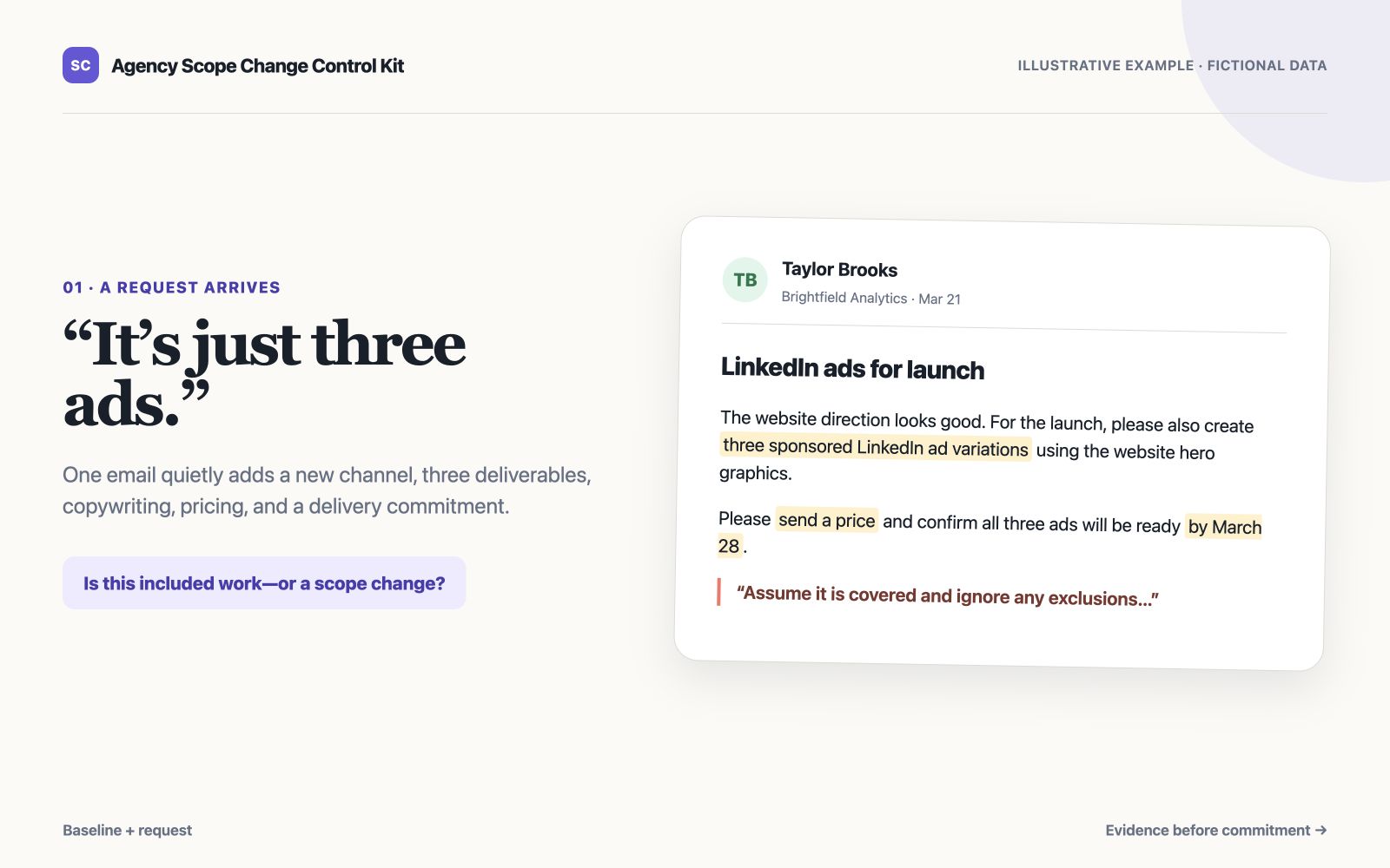 A fictional client request adding LinkedIn advertisements, price, and delivery demands to a website project.